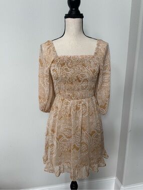 Sienna Sky Smocked Square Neck Mustard and White Paisley Mini Dress